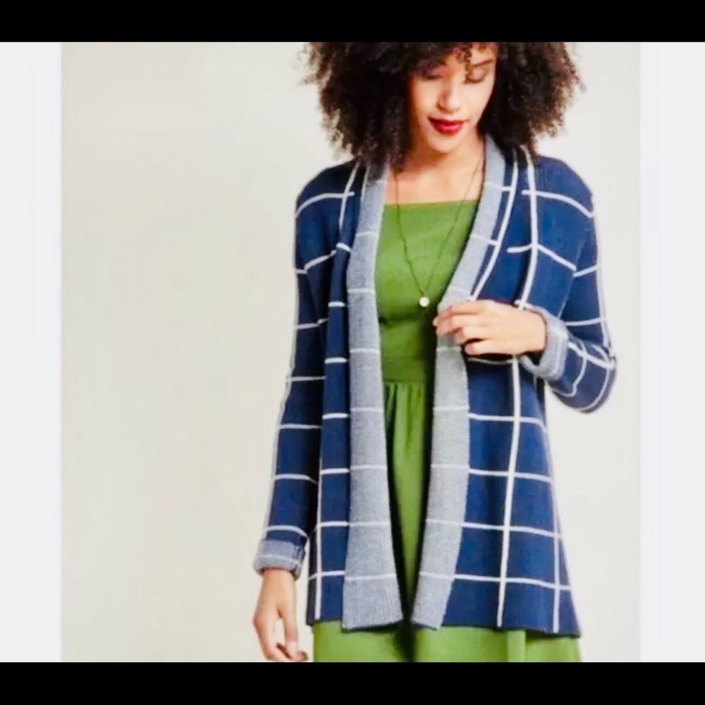 MODCLOTH Cardigan Open Front Navy/White Windowpane, Relaxed Fit, Size Med